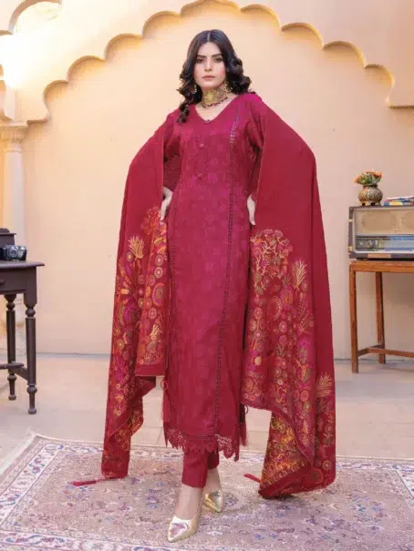 Full view of Roniq By Riaz Arts D-03 fabric in luxurious Rich Maroon