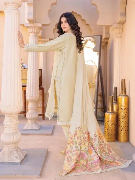 Draped view of Roniq By Riaz Arts D-05 in Cream, showcasing its elegance