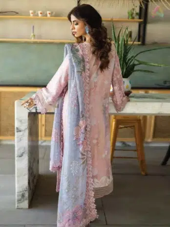 "Back view of Aafreen by Riaz Arts AF-159 lawn collection showcasing embroidered details and fabric texture."