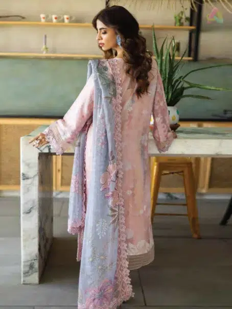 "Back view of Aafreen by Riaz Arts AF-159 lawn collection showcasing embroidered details and fabric texture."