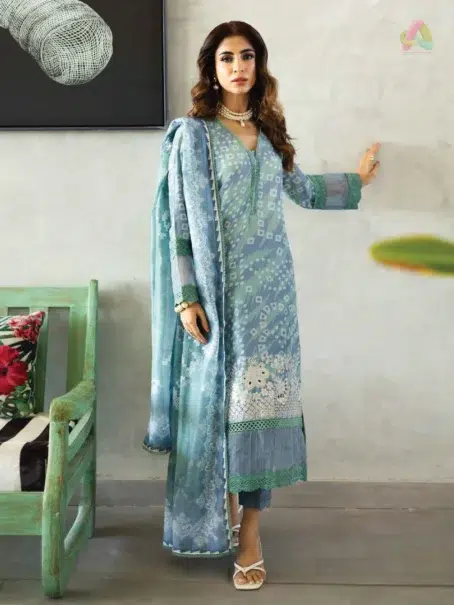 "Front view of Aafreen by Riaz Arts AF-163 embroidered lawn collection featuring elegant floral embroidery."