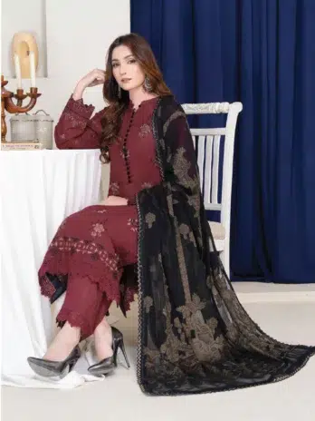 "Full outfit of Anadil By Riaz Arts D-03 in Wine color displayed with a richly designed dupatta."