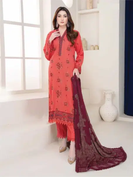 "Front view of Anadil By Riaz Arts D-08 in Pastel Red color featuring delicate embroidery and modern design."