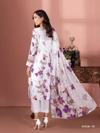 "Model wearing Banafsha by Gulljee D-01 in White Lilac color in a serene outdoor setting."