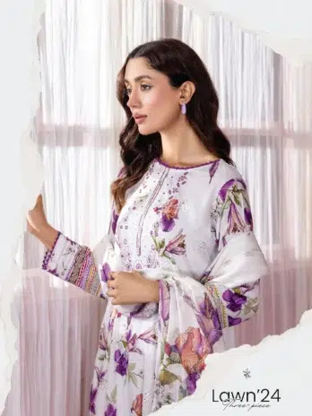 "Close-up of embroidery details on Banafsha by Gulljee D-01 in White Lilac color."