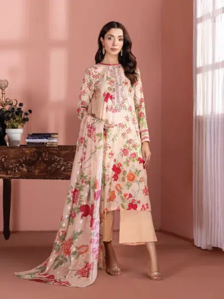 "Front view of Banafsha by Gulljee D-02 in Pinkesh Tan color showcasing intricate floral embroidery on soft lawn fabric."