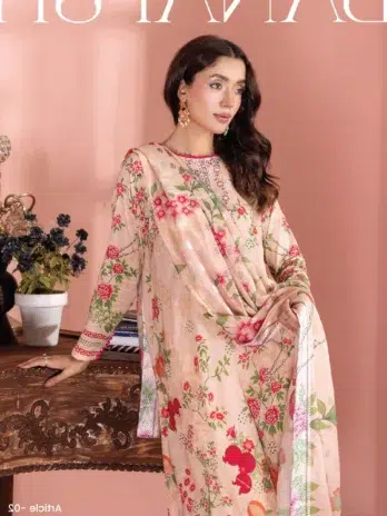 "Close-up of embroidery details on Banafsha by Gulljee D-02 in Pinkesh Tan color with fine threadwork."