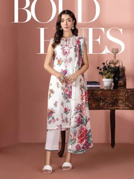 "Front view of Banafsha by Gulljee D-03 in Grey Goose color with elegant embroidery and digital prints."