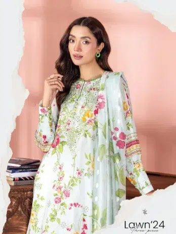 "Close-up of embroidery details on Banafsha by Gulljee D-04 in Light Green color with fine craftsmanship."