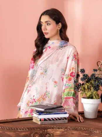 Close-up of embroidery details on Banafsha by Gulljee D-05 in Pink Flare color with fine stitching.