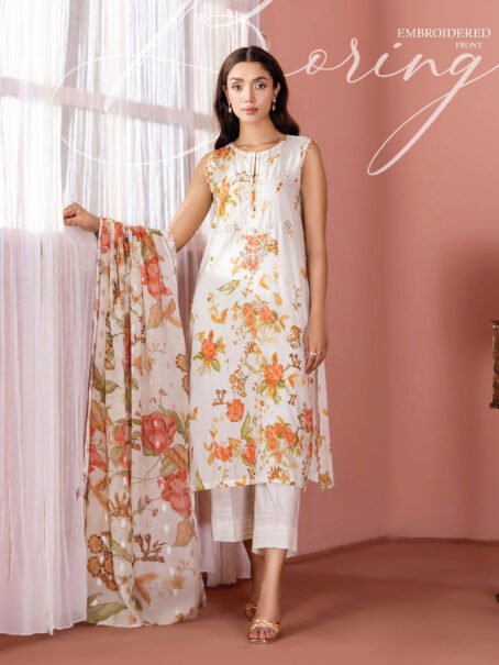 Front view of Banafsha by Gulljee D-07 in White Smoke color with elegant embroidery and digital prints.