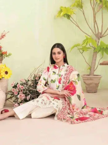 Complete view of Erva by Tawakkal D-1713 three-piece lawn suit