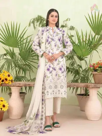 Front view of Erva by Tawakkal D-1714 – embroidered slub lawn shirt with neckline detailing