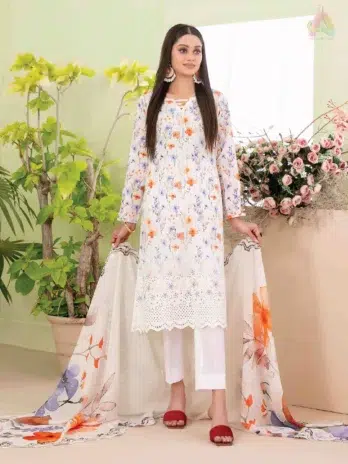 Front view of Erva by Tawakkal D-1715 – embroidered slub lawn shirt with digital print