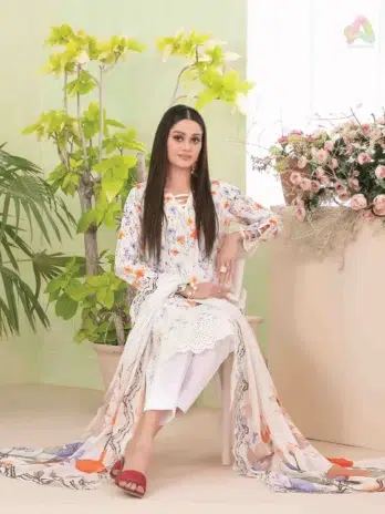 Full view of Erva by Tawakkal D-1715 – 3-piece embroidered summer lawn suit