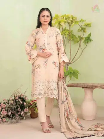 Front view of Erva by Tawakkal D-1716 – embroidered slub lawn shirt with digital print