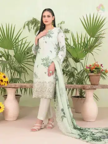Erva by Tawakkal D-1717 – front view of embroidered digital printed slub lawn shirt