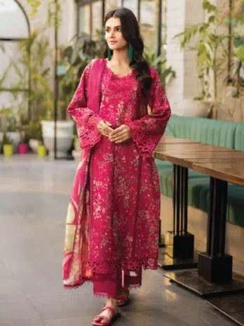 Front View – Rang Rasiya Aria Printed Lawn Shirt with Embroidered Organza Neck