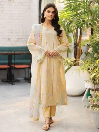 Front View – Rang Rasiya Hazel Printed Lawn Shirt with Organza Embroidered Neckline