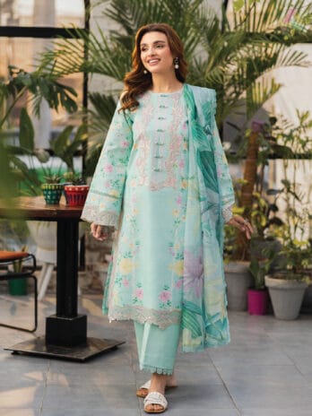 Front View – Rang Rasiya Mellow Printed Lawn Shirt with Organza Embroidered 3D Lace