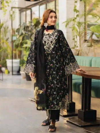 Lifestyle by Rang Rasiya Midnight – Front View of Printed Lawn Shirt with Embroidered Organza Detailing