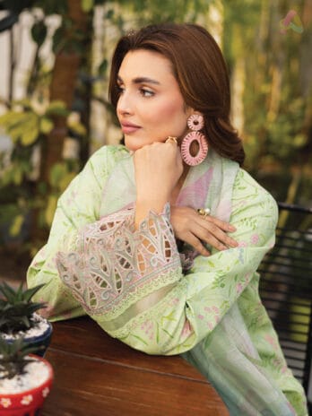 Close-Up – Detailed View of Organza Embroidered Neckline & Borders on Rose Mary