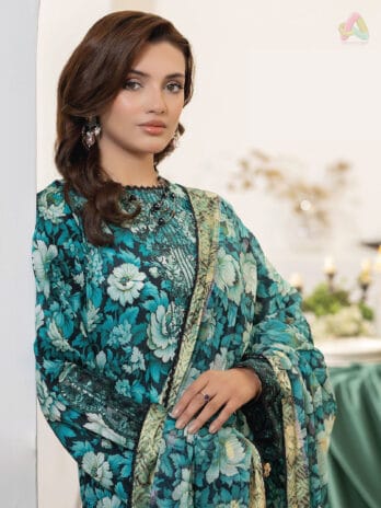 Full view of Noa by Brenish Vol 1 D-01 – 3-piece lawn outfit with jacquard brocade dupatta