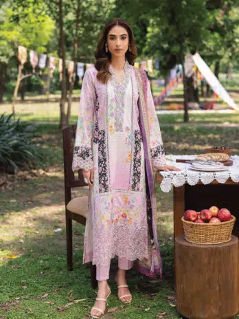 Rajbari Schiffli Printkari D-01 front view showcasing embroidered lace and digital prints