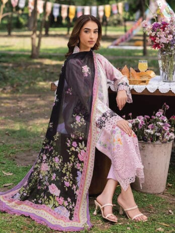 Full view of Rajbari Schiffli Printkari D-01 with chiffon dupatta and dyed cotton trouser