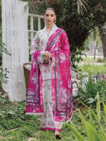 Full 3-piece view of Rajbari Schiffli Printkari D-02 with dupatta and trouser