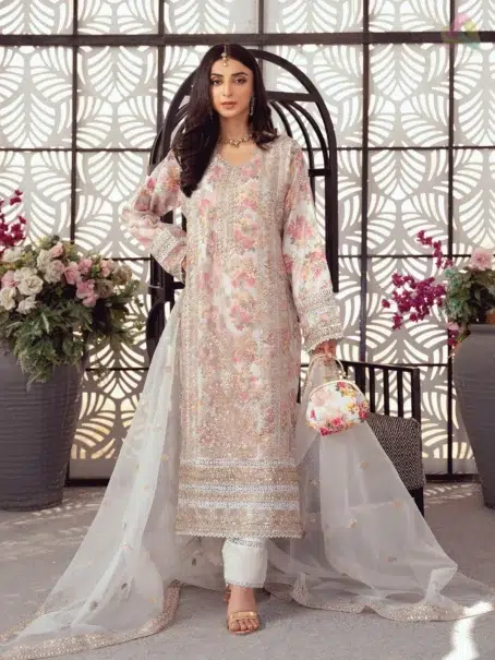 Bint-E-Noor Seraphina Stitched D-03-01-Front view of Seraphina D-03 – embroidered organza shirt by Noori Fabrics