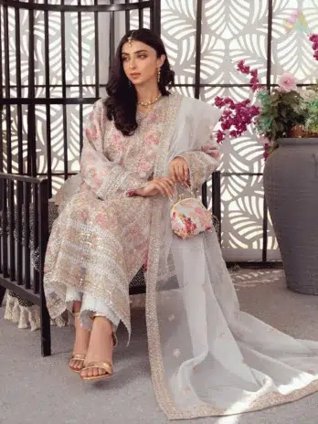 Full stitched look of Seraphina D-03 with clutch & jewelry—Noorifabrics summer collection