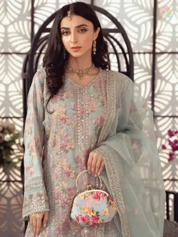 Close-up embroidery detail on Seraphina D-04 organza shirt – Noorifabrics Organza 2025