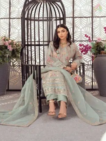 Full view of Seraphina D-04 stitched suit with clutch & jewelry – Noorifabrics summer collection