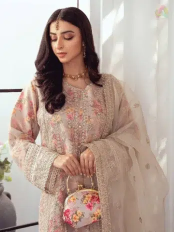 Close-up of embroidery on organza shirt – Seraphina D-05 by Noori Fabrics