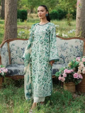 Front view of the Cinq Summer Cocktail Camellia showcasing an embroidered digital lawn shirt—a stylish pick from Cinq Lawn 2025 for festive and casual wear.