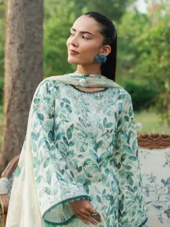 Close-up of intricate embroidery on sleeves and shirt of Cinq Summer Cocktail Camellia—featured in Cinq Eid collection 2025.