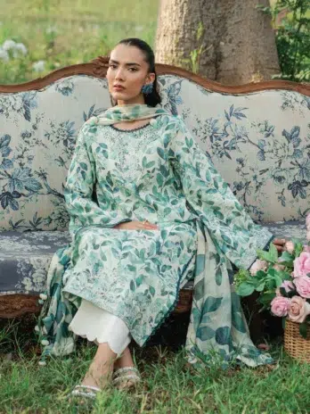 Full model view wearing Cinq Summer Cocktail Camellia lawn suit with chiffon dupatta—a seasonal favorite from Cinq clothing.