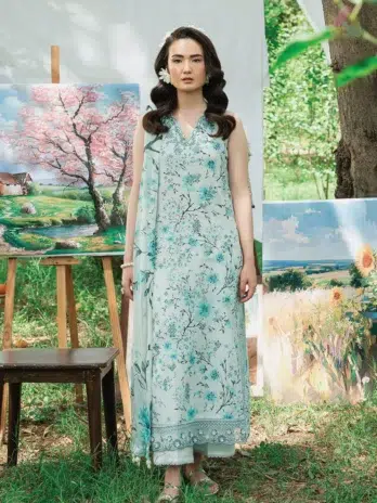 Front view of Cinq Summer Cocktail Fioren featuring digitally printed embroidered lawn shirt from Cinq summer collection 2025 for elegant seasonal fashion