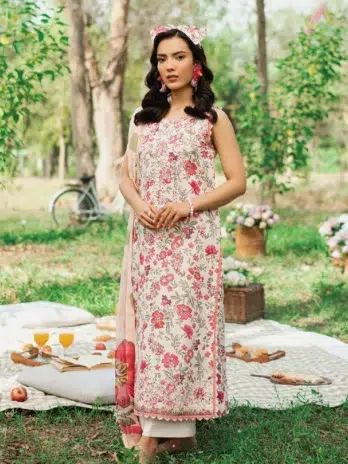 Front view of Cinq Summer Cocktail Florique showing digitally printed embroidered lawn shirt from Cinq lawn 2025 and Cinq summer collection