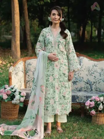 Front view of Cinq Summer Cocktail Lilium embroidered lawn shirt from Cinq Lawn 2025—a perfect festive and summer outfit.