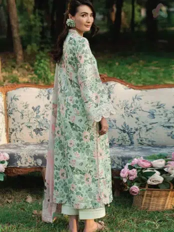 Back side of Cinq Summer Cocktail Lilium showing digitally printed lawn fabric from Cinq clothing’s summer collection 2025