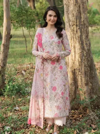 Front view of Cinq Summer Cocktail Meadora featuring an embroidered lawn shirt with a digital print, perfect for summer and Eid celebrations in 2025.