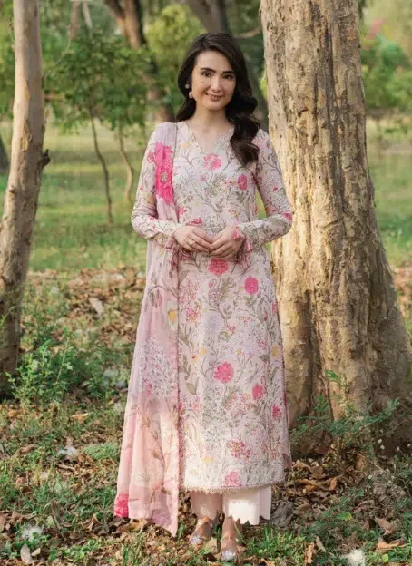 Front view of Cinq Summer Cocktail Meadora featuring an embroidered lawn shirt with a digital print, perfect for summer and Eid celebrations in 2025.