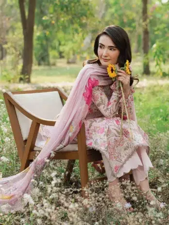 Close-up of Cinq Summer Cocktail Meadora embroidery work and fabric texture, highlighting the fine details of this designer lawn outfit.