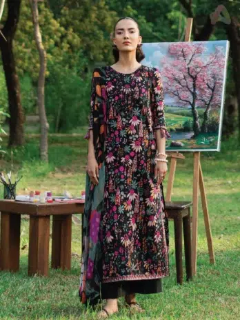 Front view of Cinq Summer Cocktail Myst with digitally printed embroidered lawn shirt, a perfect choice from Cinq lawn 2025 for Eid and festive wear.