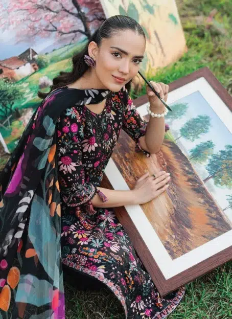 Model wearing full 3-piece Cinq Summer Cocktail Myst suit, featuring embroidered lawn shirt and chiffon dupatta, perfect for Cinq summer collection 2025.