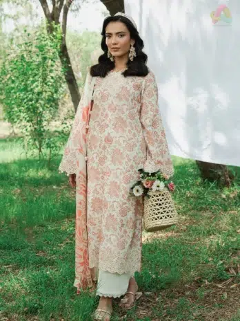 Front view of Cinq Summer Cocktail Sunveil featuring digitally printed embroidered lawn shirt from Cinq summer collection 2025 for timeless seasonal style