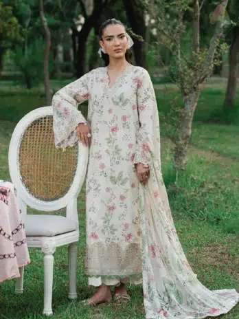 Front view of Cinq Summer Cocktail Zinnia showcasing embroidered lawn shirt from Cinq lawn 2025—perfect for summer elegance and festive flair