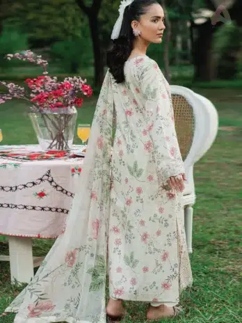 Back side of Cinq Summer Cocktail Zinnia featuring digitally printed lawn design from Cinq clothing’s premium summer collection 2025